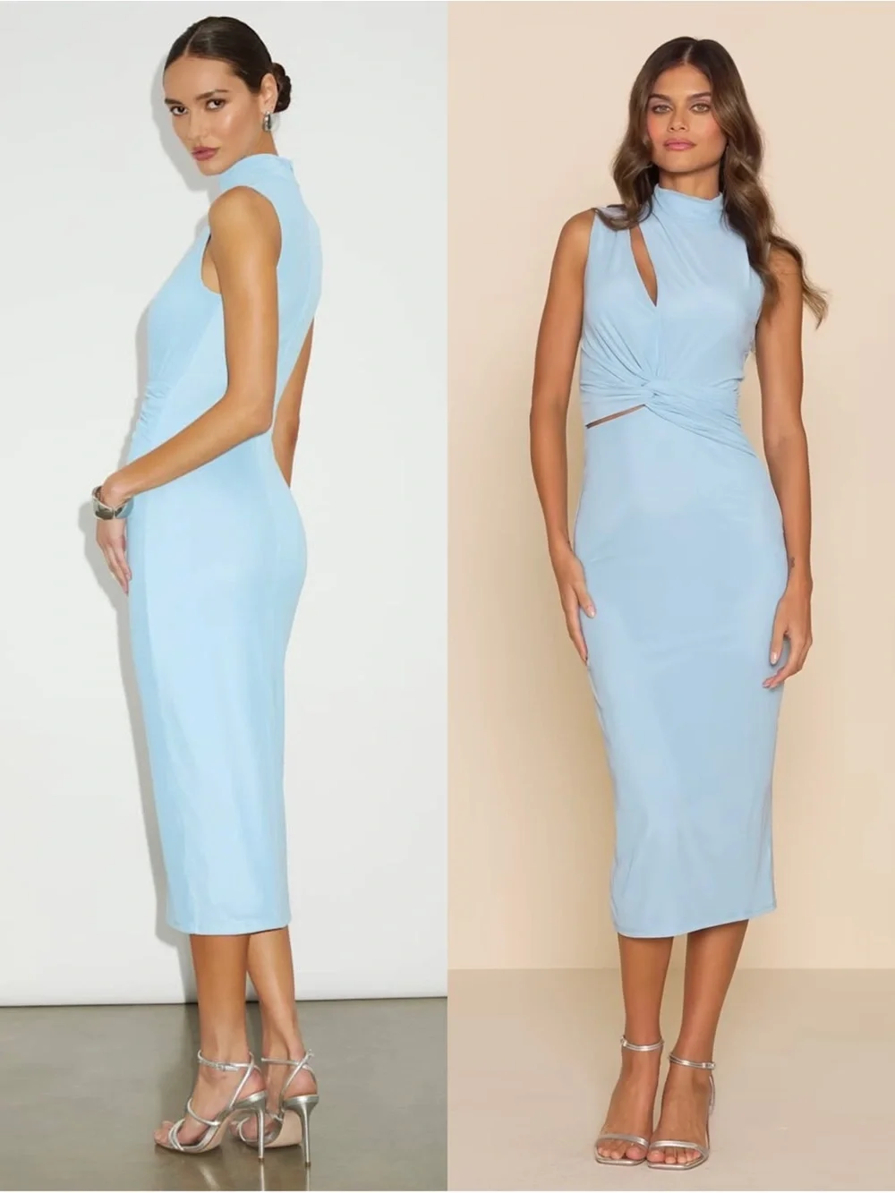 LULUS Powder Blue Mesh Ruched Cutout Mockneck Y2K Scandi Girl Bodycon Dress L - Picture 4 of 8